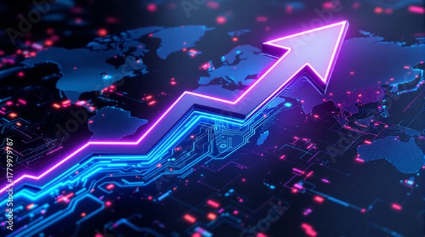 Fototapeta Stunning global business growth arrow soaring high on digital technology circuit board