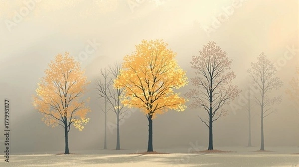 Fototapeta Golden autumn trees in misty landscape create serene and peaceful feeling for your designs