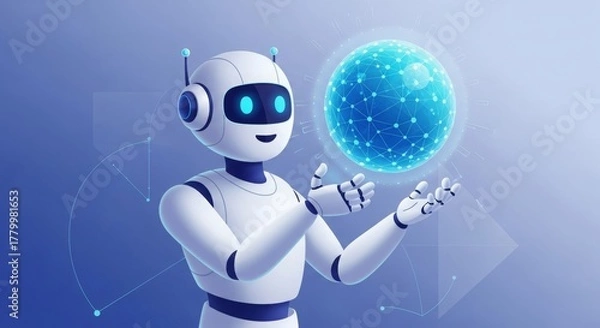 Obraz Futuristic white robot holding a glowing blue sphere representing artificial intelligence and data.