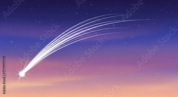 Obraz A luminous shooting star with a brilliant tail arcing across a colorful twilight sky with distant stars.