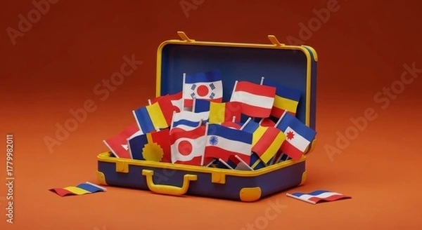 Obraz An open blue suitcase overflowing with a diverse collection of miniature world flags on a solid orange background.