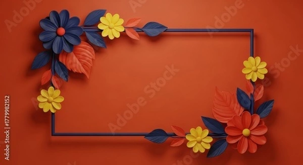 Obraz A decorative rectangular frame adorned with colorful papercraft flowers and leaves on a vibrant red background.