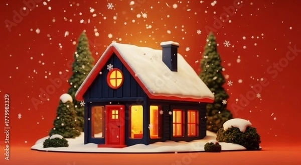 Obraz Charming snow-covered cottage with glowing windows during a festive winter snowstorm against a red background.