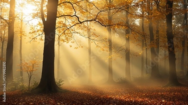 Fototapeta Experience the magic of golden autumn light filtering through a serene forest scene