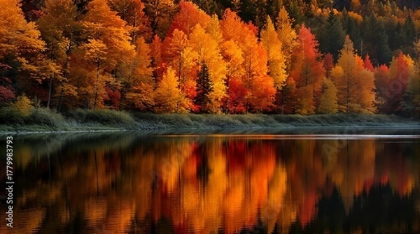 Fototapeta Experience stunning autumn colors reflected on a tranquil lake in a vibrant landscape