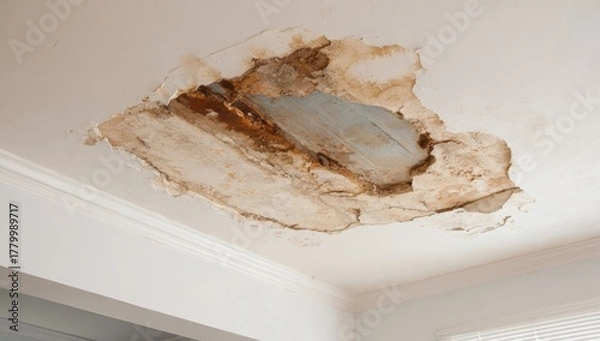 Fototapeta A damaged ceiling with peeling paint and water stain indicating potential leak or structural issue in a building interior.