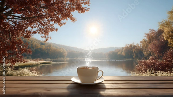 Obraz Coffee cup on a wooden table by autumn lake. The coffee is steaming and the cup is placed on a saucer. The view of the lake is serene and peaceful