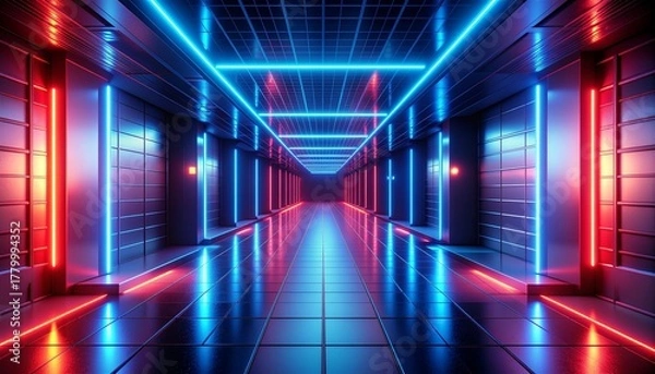 Fototapeta 3D render futuristic corridor for black friday background with glowing neon red and blue lights, tech-inspired grid pattern, empty space for banner