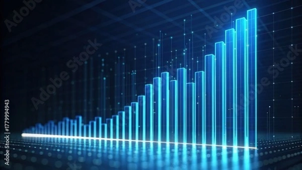 Obraz A digital representation of a rising graph, showcasing growth with blue, glowing bars against a dark background.