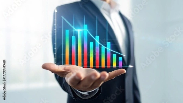 Obraz A businessman holds a digital graph displaying fluctuating data trends, illustrating growth and analysis in a modern office environment.