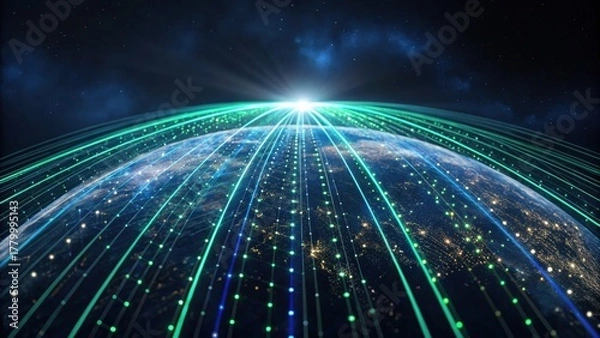 Obraz A digital representation of Earth with glowing lines emanating from a bright source, suggesting connectivity and technological advancement.