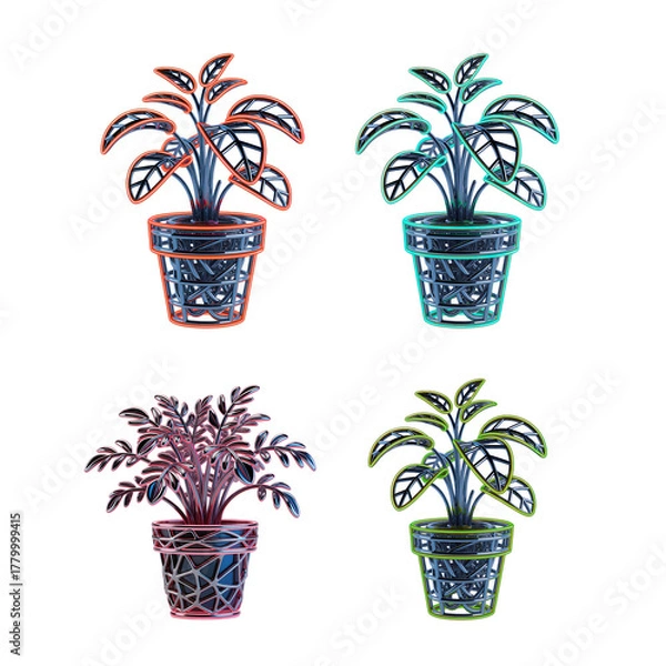Obraz  Geometric Wireframe Potted Plant Vector Icon Set with Abstract Color Outline