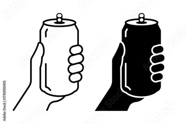 Fototapeta Hand holding soda can icon set vector in thin line and flat style with editable stroke on white background. Dented soda cans. Soda can logo, label, badge, hipster, style, premium, bar brand symbol.