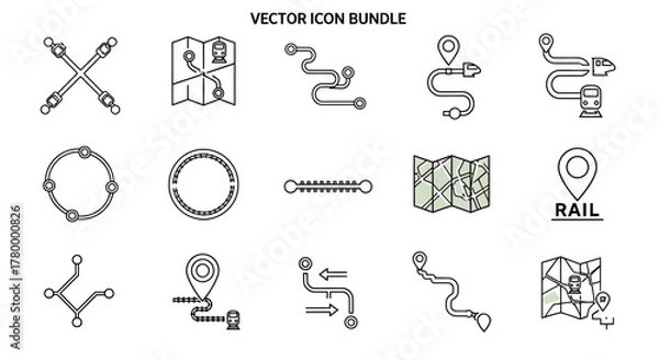 Obraz Vector icon bundle with map, route, and rail symbols.