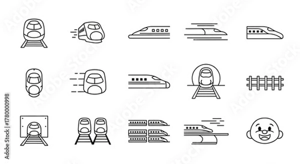 Obraz Collection of various train illustrations, showcasing different perspectives and designs, suitable for transport-related projects.