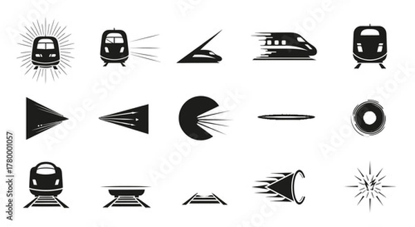 Obraz Collection of stylized black and white icons representing high-speed trains and motion effects, showcasing different perspectives and abstract representations of speed and travel.