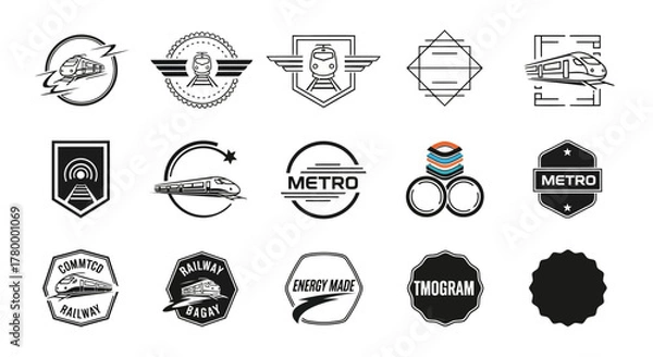 Obraz A collection of 15 diverse train and metro logos and emblems, showcasing various design styles and symbols related to rail transportation.
