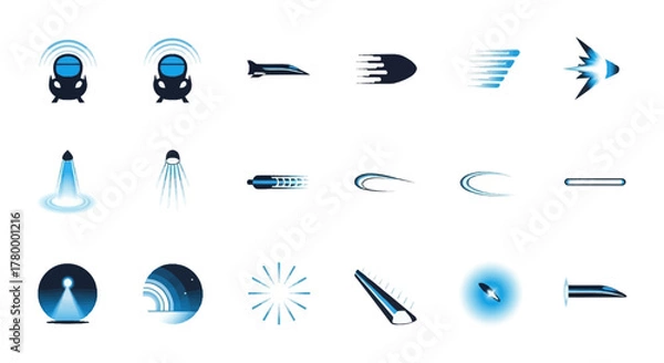 Obraz A collection of blue and black icons representing speed, motion, signals, and futuristic technology elements on a white background.