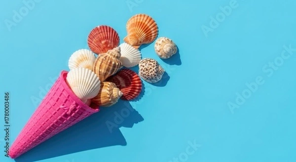 Obraz Seashells in a Pink Ice Cream Cone on a Blue Background.