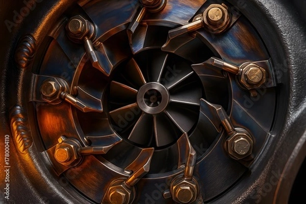 Fototapeta Variable Geometry Turbocharger VNT Macro Cutaway – Titanium Vanes and Turbine Wheel