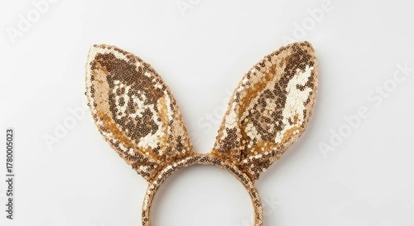 Obraz Sparkling Gold Sequin Bunny Ears Headband on White Background.