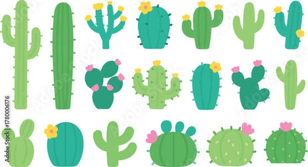 Obraz Illustrations of cacti and succulents collection for desert theme with flowers. Decorative elements for prints and interior. Trendy cacti set.