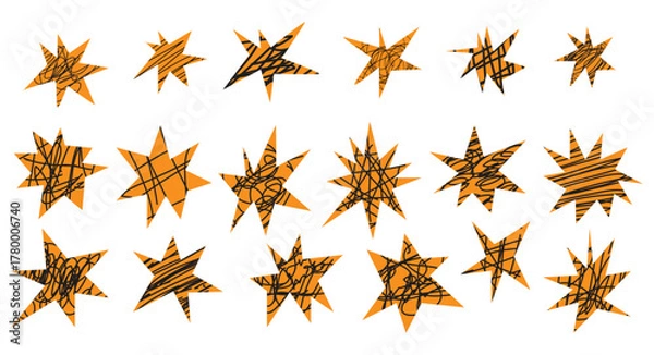 Fototapeta Crayon scribble star shapes set. Hand cut collage paper stars with jagged edges, funky doodles, and rough chalk textures. Kids scrapbook vector elements.