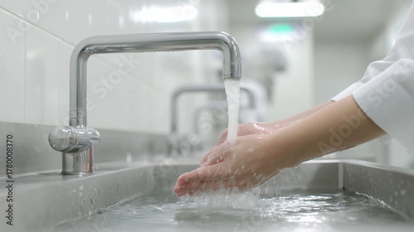 Obraz Close-up photo of hands washing at a factory sink