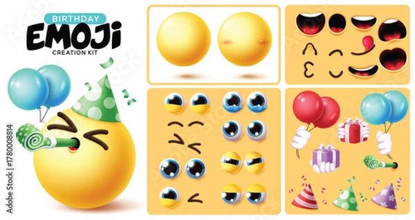 Obraz Emoji birthday creation kit clipart set. Happy Birthday editable emoticon clip art with head, mouth, eyes, tongue, eyebrow and party elements like balloons, gift box, blowing balloons and party hat 