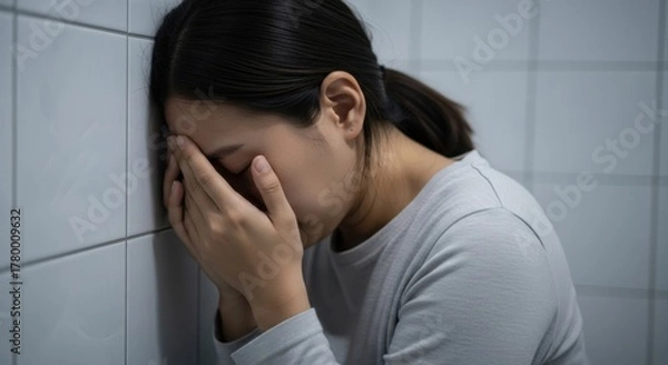 Fototapeta A woman with dark hair pressed against a tiled wall with her hands covering her face in distress