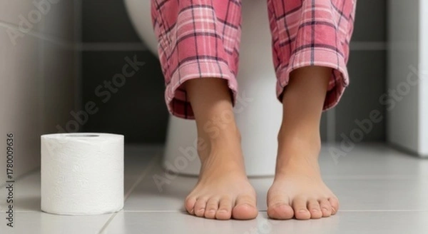 Fototapeta Person sitting on toilet with feet visible and toilet paper roll on the bathroom floor in a home