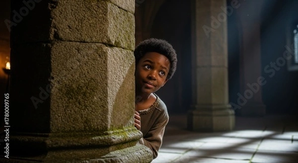 Fototapeta A young boy peeks from behind a stone pillar in a dimly lit room with a window and candle light source