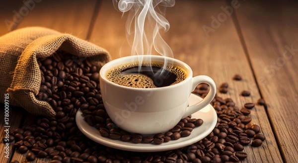 Obraz Aromatic cup of steaming hot black coffee on a rustic wooden table, with roasted beans spilling from a burlap sack