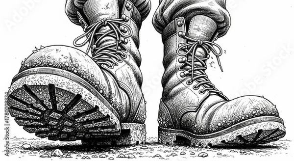 Fototapeta Close-up shot of soldiers' boots.