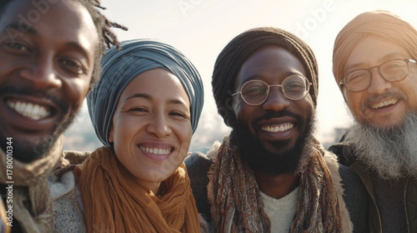 Obraz People of diverse ethnicities smiling in a photograph symbolizing peace, representing a global, multinational community