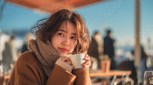 Obraz カフェのテラス席で美しい女性モデルがコーヒーを飲んでいる写真