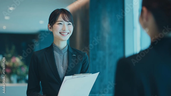 Obraz 受付でお客様を出迎える接客スタッフの笑顔の写真