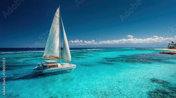 Obraz Sailboat with white sails floating on crystal clear turquoise ocean water near tropical island under bright blue sky with scattered white clouds on sunny day