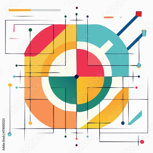 Fototapeta Vibrant Abstract Geometric Ring Mosaic With Bright Color Blocks And Linear Accents In Modern Design