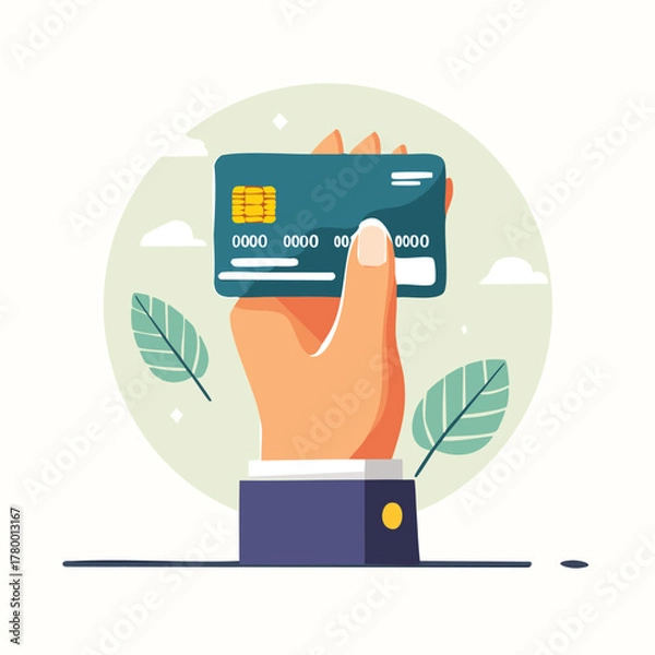 Fototapeta Close Up Of A Hand Holding A Blue Credit Card With Chip And Contactless Symbol Against A Soft Green Background