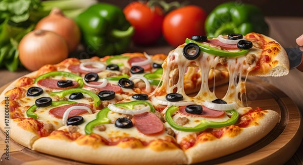 Obraz Savor the moment a hot, cheesy pizza slice with vibrant toppings, featuring an impressive, stretchy cheese pull, promising a delightful and satisfying meal