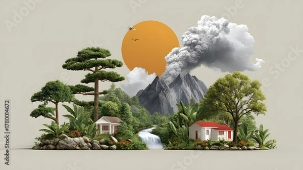 Fototapeta Stylized miniature landscape features a waterfall two houses dense trees an erupting volcano and a large sun
