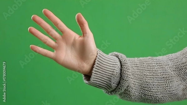 Fototapeta Human hand with open palm and spread fingers extending from arm in grey knitted sweater against green background