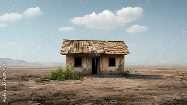 Obraz A solitary dilapidated house featuring a corrugated metal roof stands isolated in a vast dry desert landscape