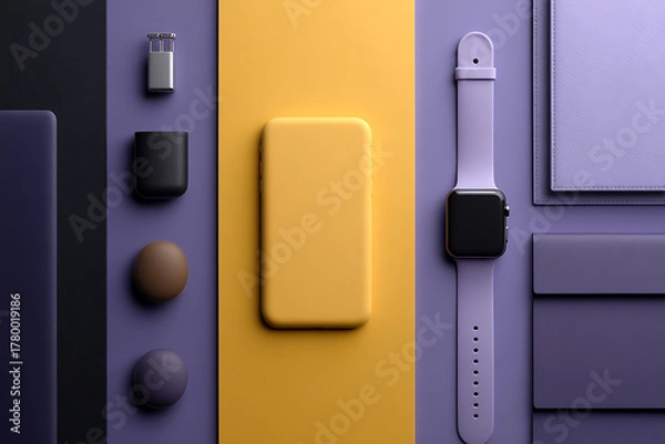 Obraz tech accessories display, vibrant flat lay featuring modern gadgets and accessories in bold, high-contrast colors with a trendy setup