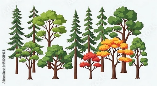 Fototapeta Diverse Collection of Cartoon Trees with Green and Autumn Foliage.
