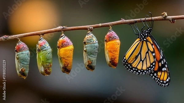 Obraz A monarch butterfly emerges gracefully from its chrysalis alongside several others hanging on a tree branch.