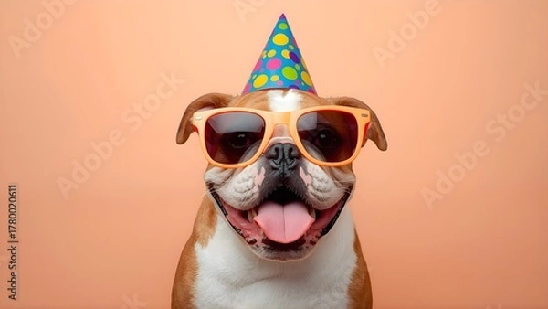 Fototapeta Funny bulldog wearing neon sunglasses and a colorful party hat, tongue out and playful, pastel background, cheerful studio lighting, humorous crazy dog concept perfect for memes and ads.