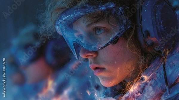 Obraz A young person with blue goggles and headphones looking intently at a glowing orange light.