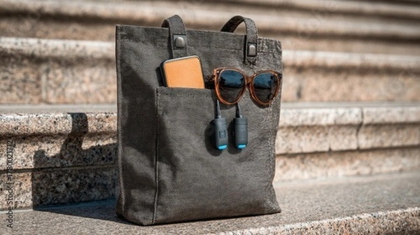Obraz Close-up of a gray tote bag with sunglasses, phone, and other items in the pocket.